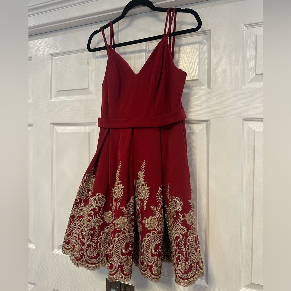 Elegant Deep Red Wine Dress with Gold Detailing